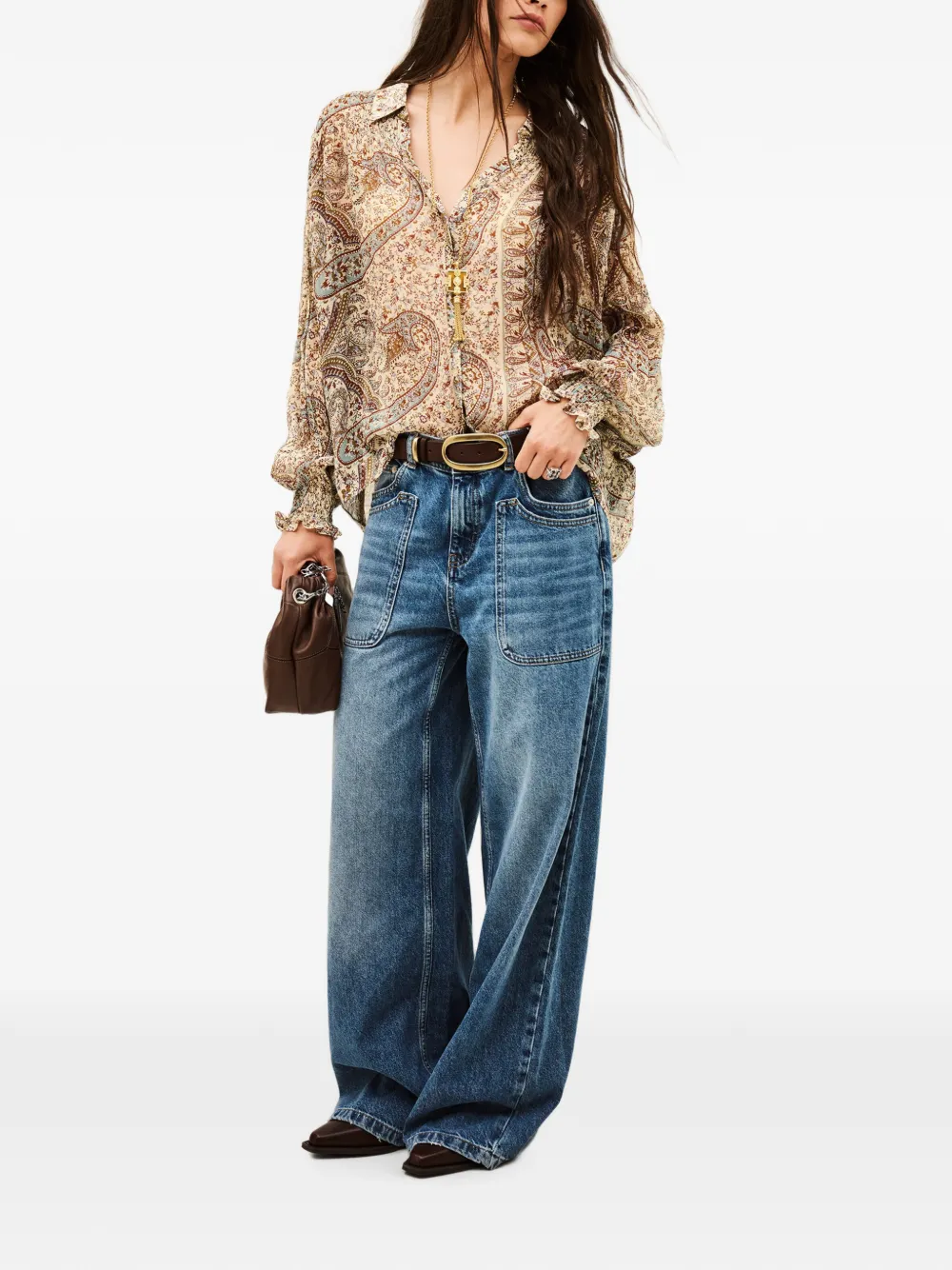 Ba&Sh Blouse met gesmockte manchetten en paisley-print Beige