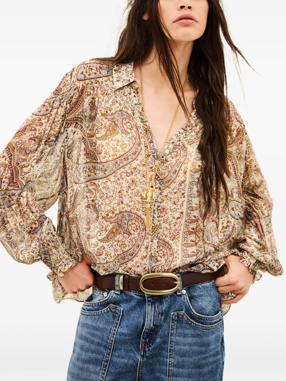 Ba&Sh Blouse met gesmockte manchetten en paisley-print Beige