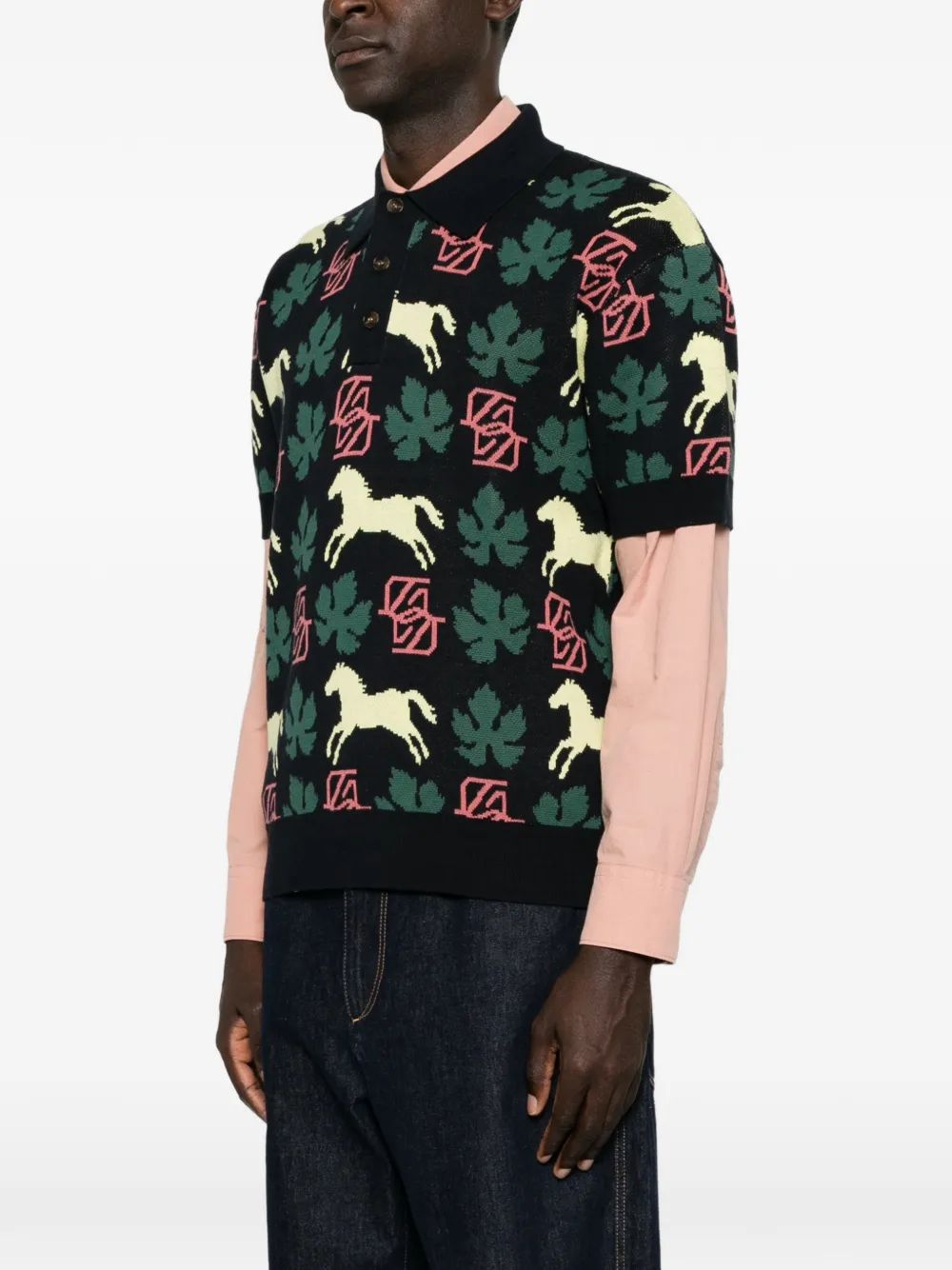 Drôle De Monsieur Gebreid poloshirt met paardenprint en jacquard Zwart