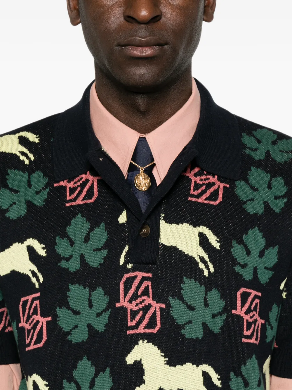 Drôle De Monsieur Gebreid poloshirt met paardenprint en jacquard Zwart