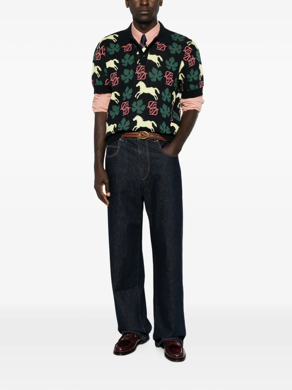 Drôle De Monsieur Gebreid poloshirt met paardenprint en jacquard Zwart