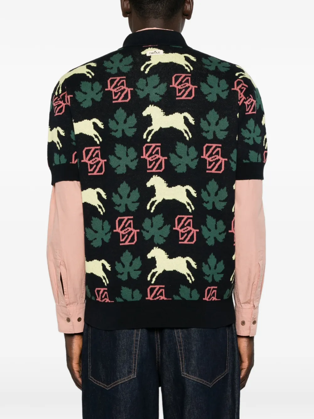 Drôle De Monsieur Gebreid poloshirt met paardenprint en jacquard Zwart