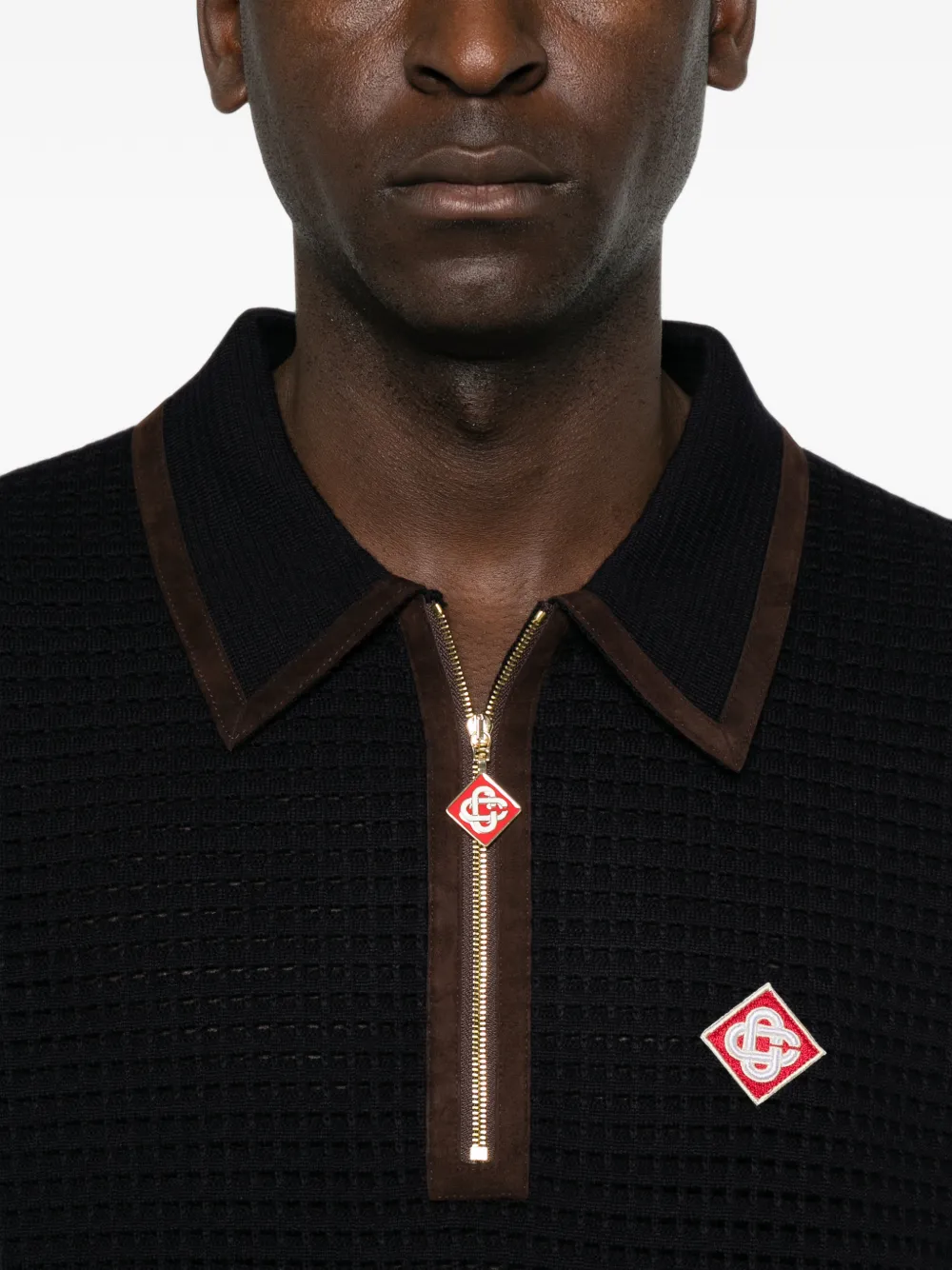 Casablanca Poloshirt van wol met lange mouwen en wafelstiksels Zwart