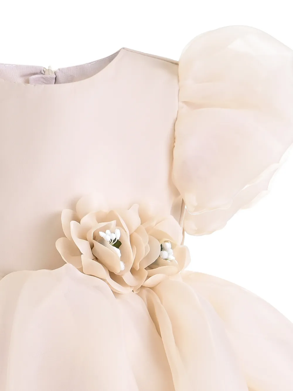 Tulleen D'Amico jurk met pofmouwen en bloem-applicatie Beige