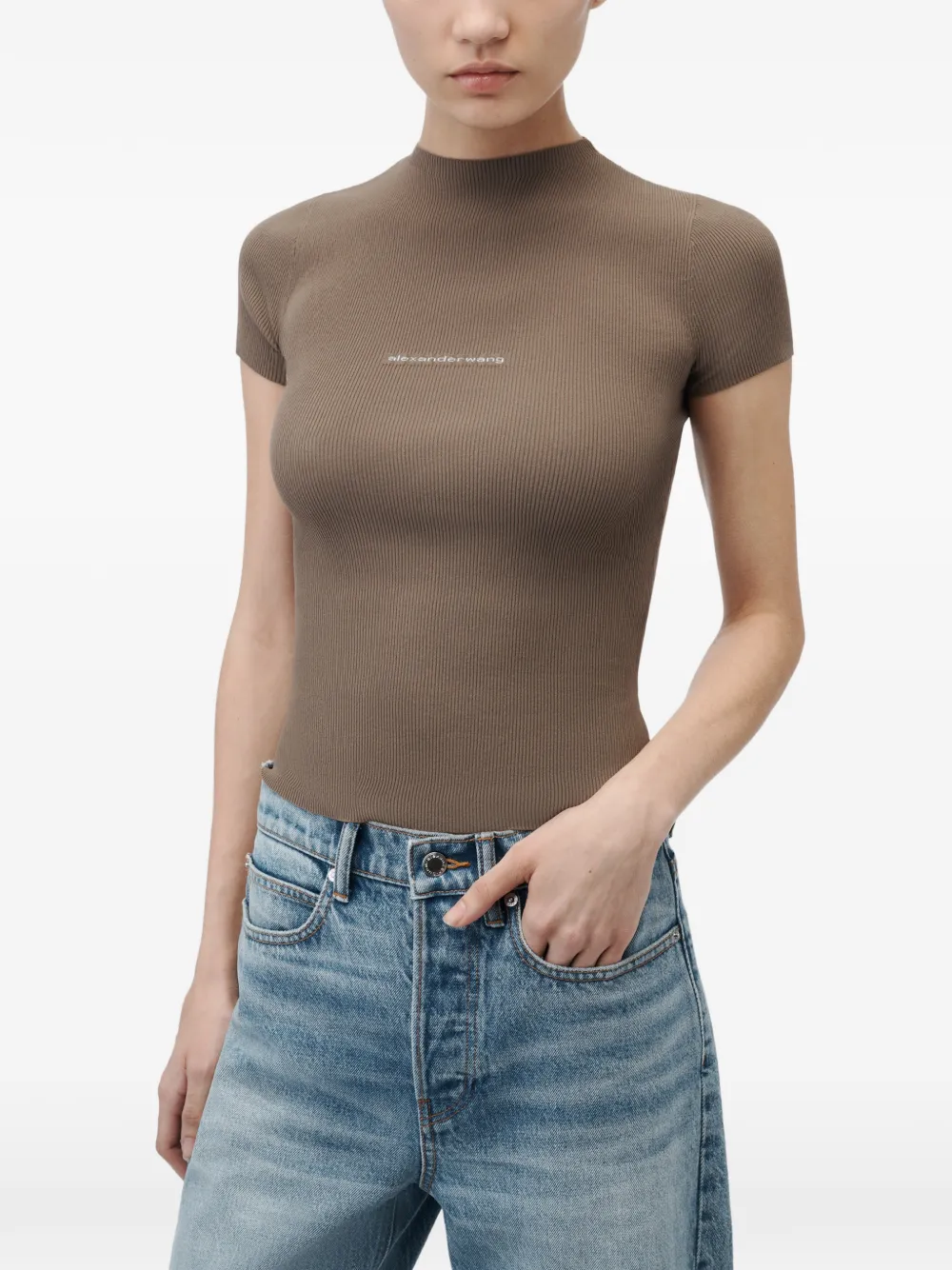 Alexander Wang Ribgebreide top met logo-jacquard Bruin