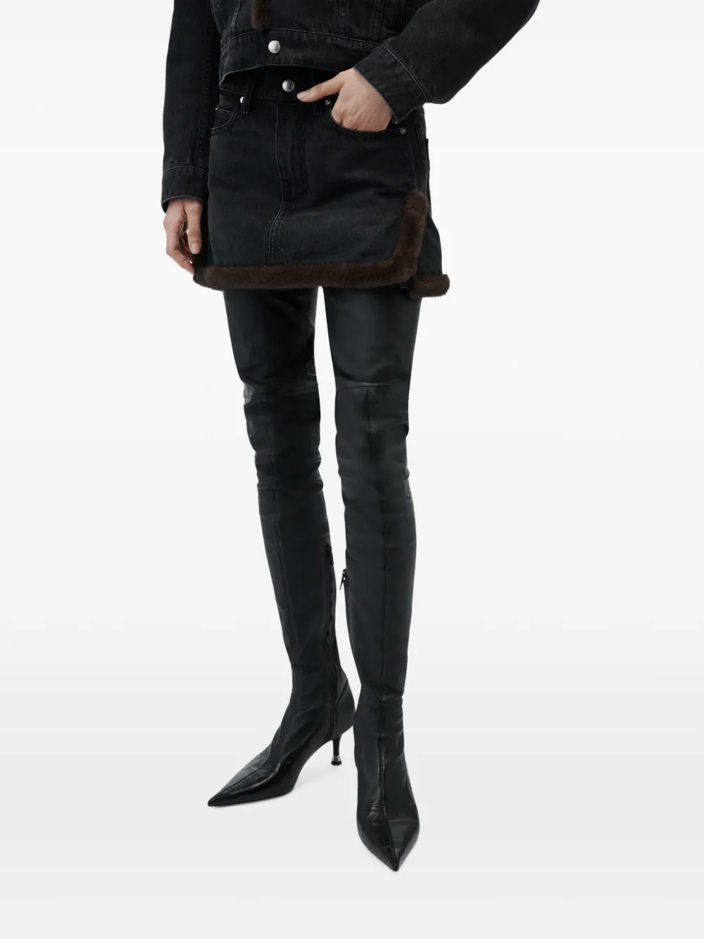 Alexander Wang Denim mini-rok met afwerking van imitatieleer Zwart