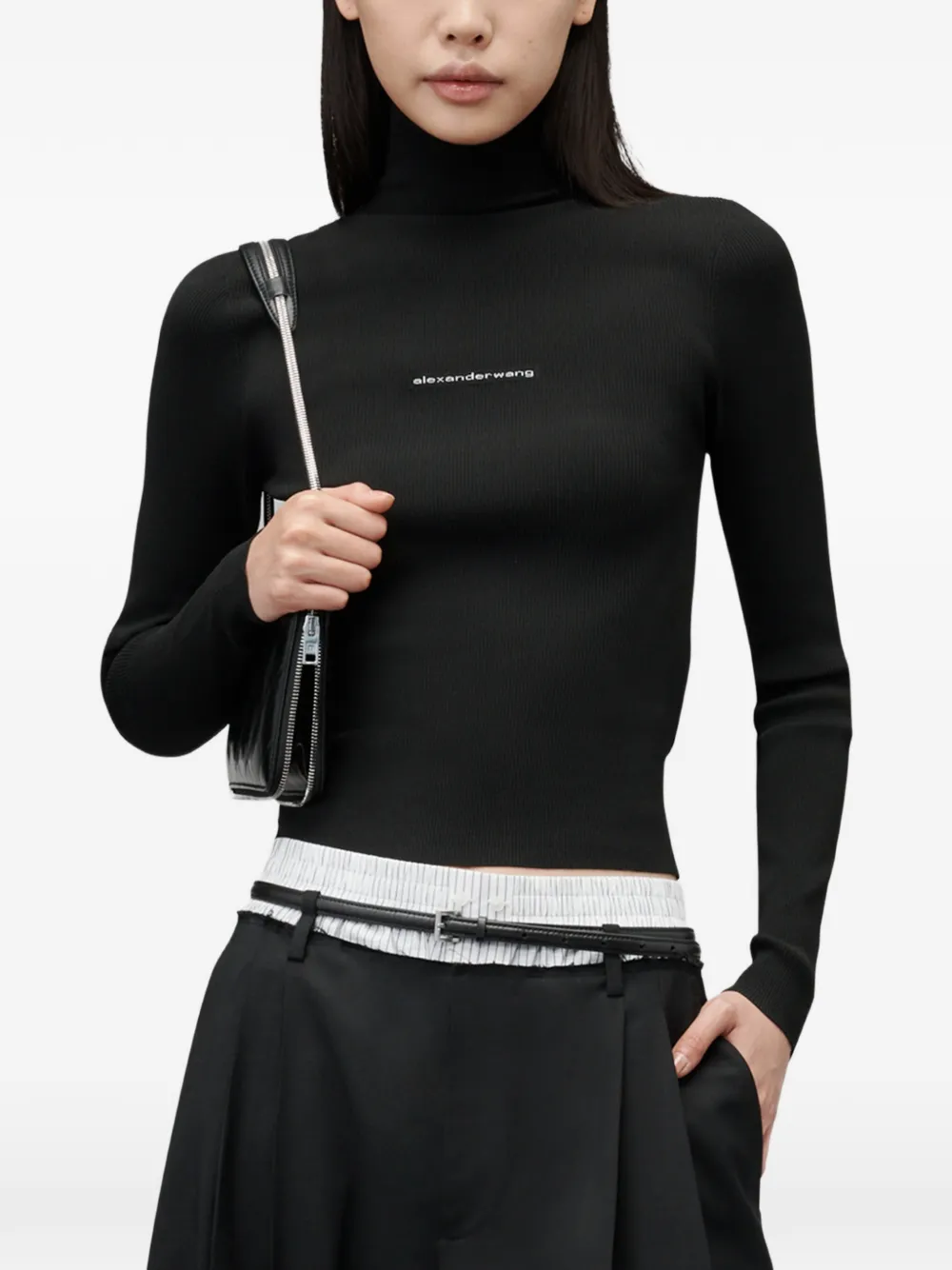 Alexander Wang LS top met col en logo-jacquard Zwart