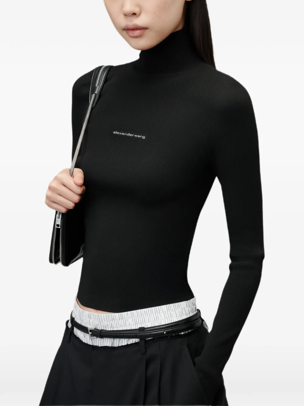 Alexander Wang LS top met col en logo-jacquard Zwart