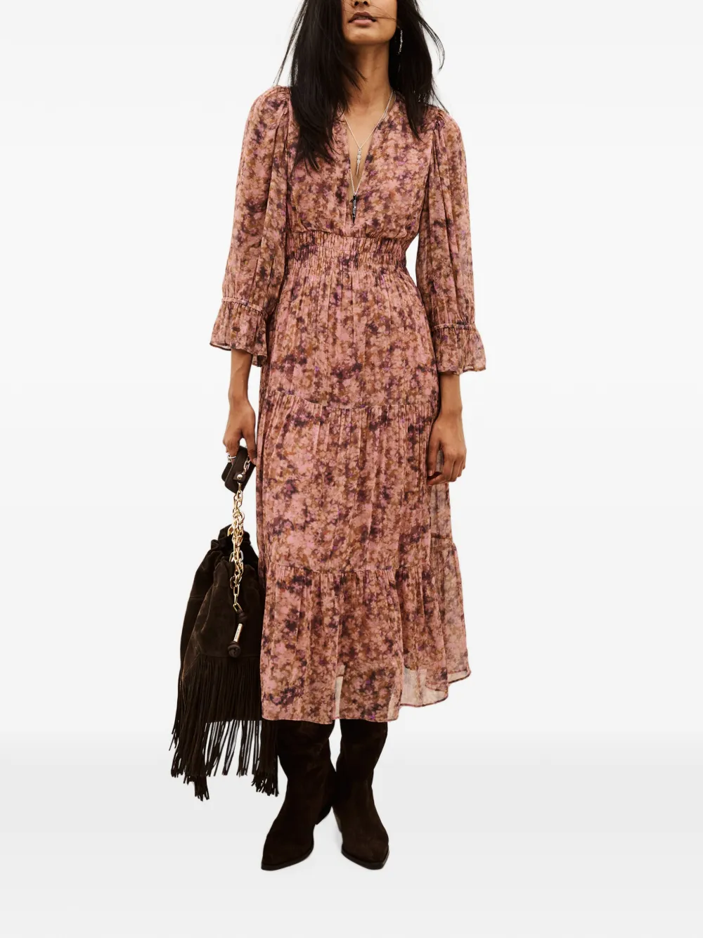 Ba&Sh Aema gelaagde flared midi-jurk met bloemenprint Roze