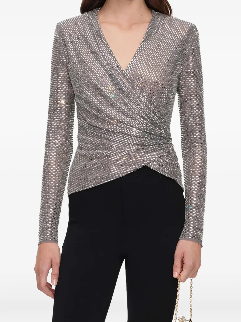 Self-Portrait Mesh wikkeltop met stras Zilver