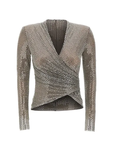 Self-Portrait grey rhinestone mesh wrap top