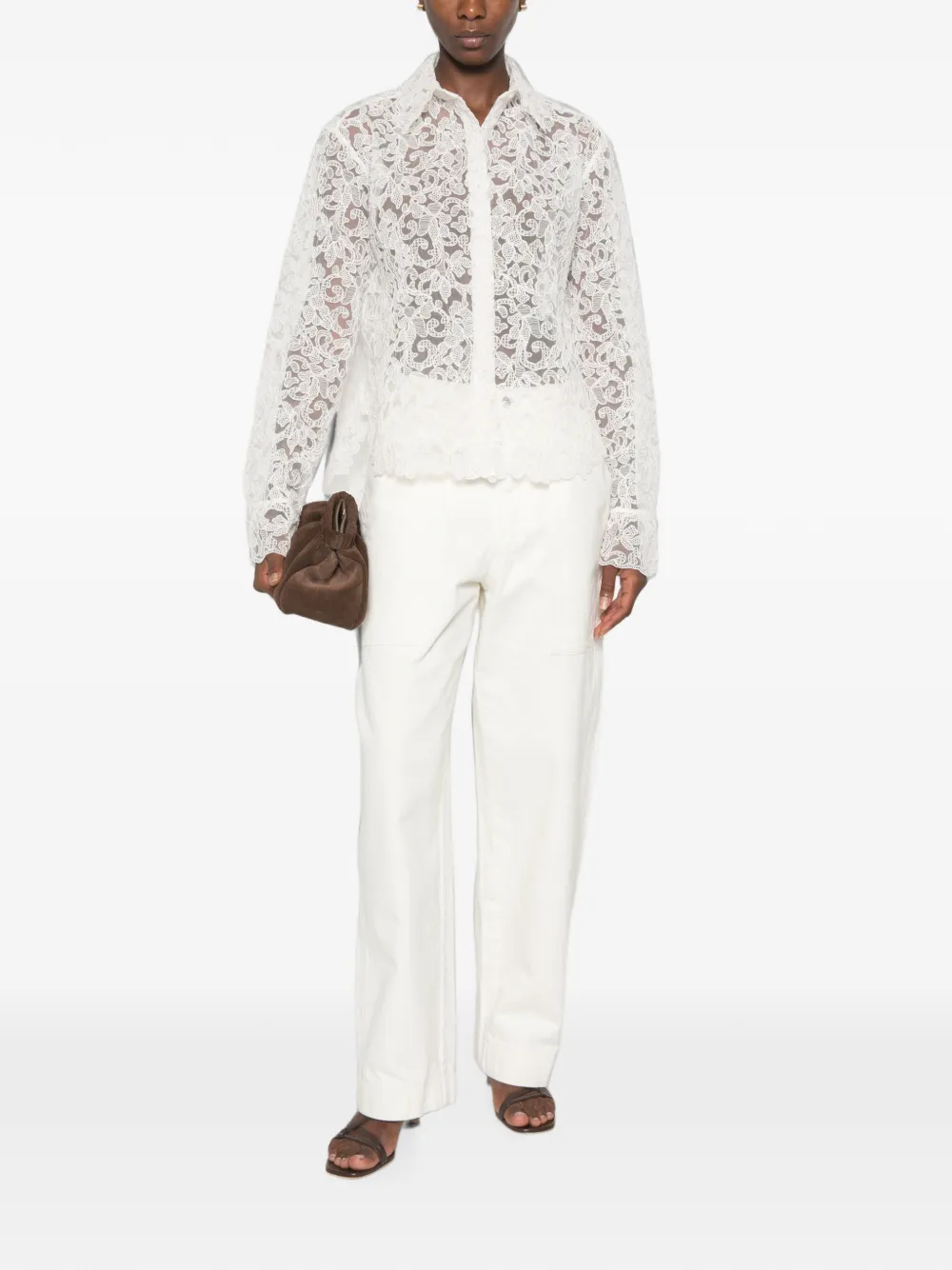 Ermanno Scervino Blouse met gewelfde afwerking en kanten laag Beige