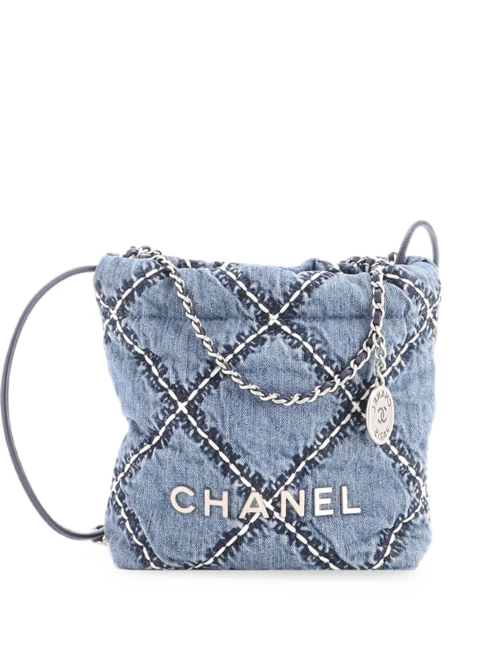 CHANEL Pre-Owned 22 Chain Quilted Stitched Denim Mini hobo bag - Blu
