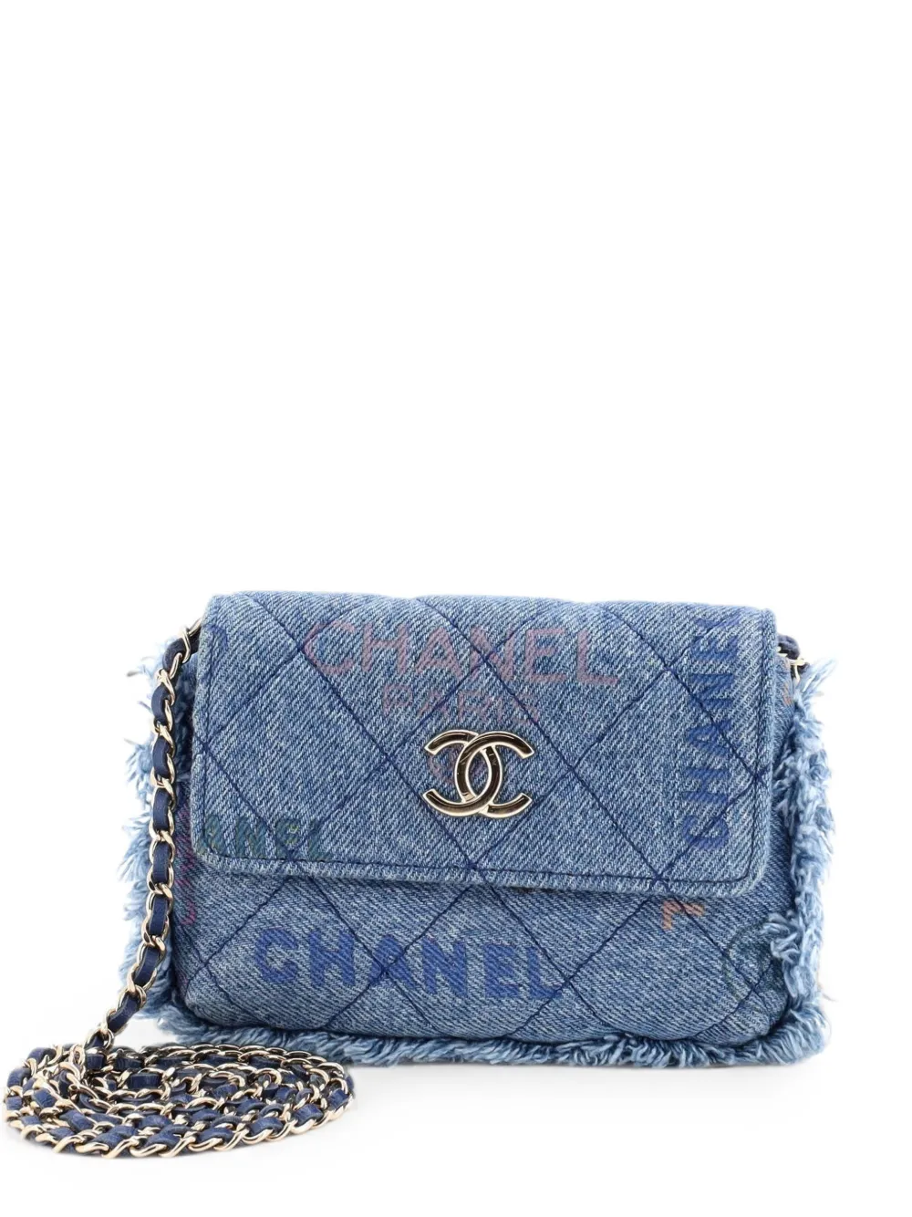 CHANEL Pre-Owned Denim Mood Flap Clutch with Chain Logo Printed Quilted Fringe Denim crossbody bag - Blu