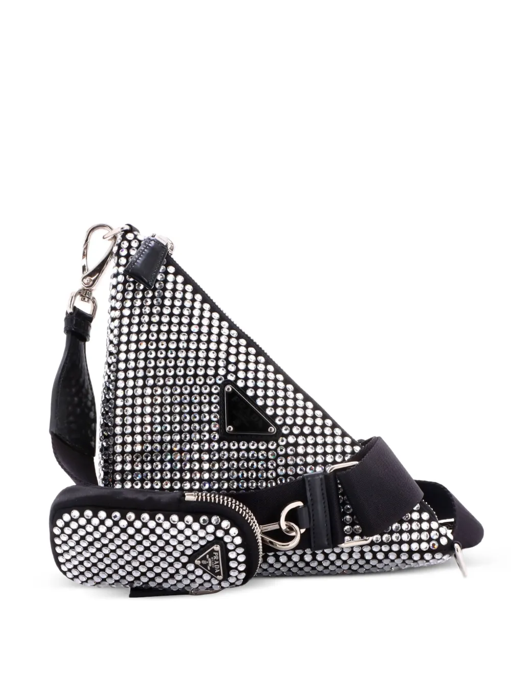 Prada Pre-Owned Triangle Logo Zip Crystal Embellished Satin Small crossbody bag - Nero