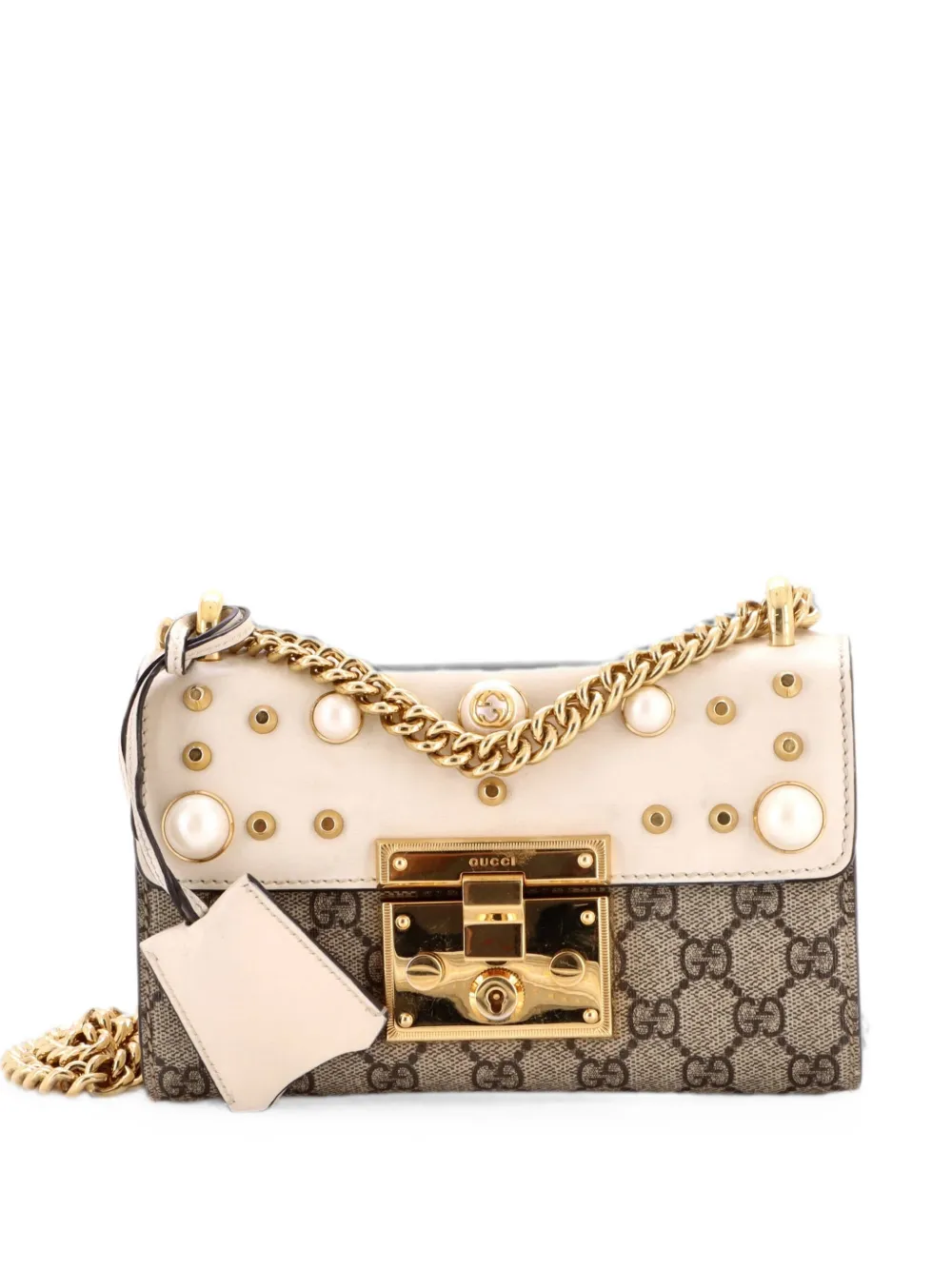 Gucci Pre-Owned Pearly Padlock Shoulder Bag GG Coated Canvas with Studded Leather Small crossbody bag - Nude