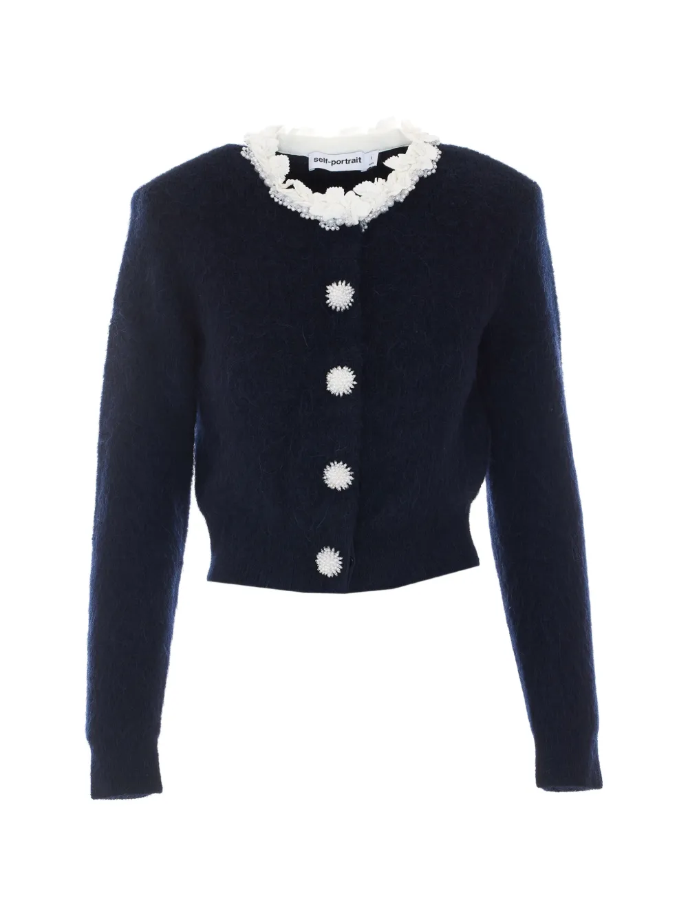 Self-Portrait navy flower pearl trim knit jumper - Blu