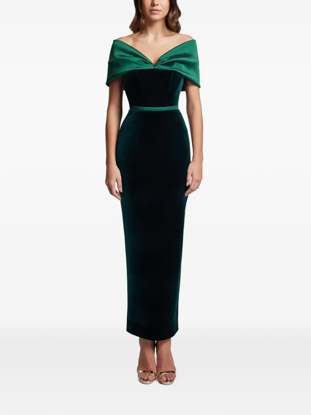 CRISTALLINI off-shoulder velvet maxi dress - Verde