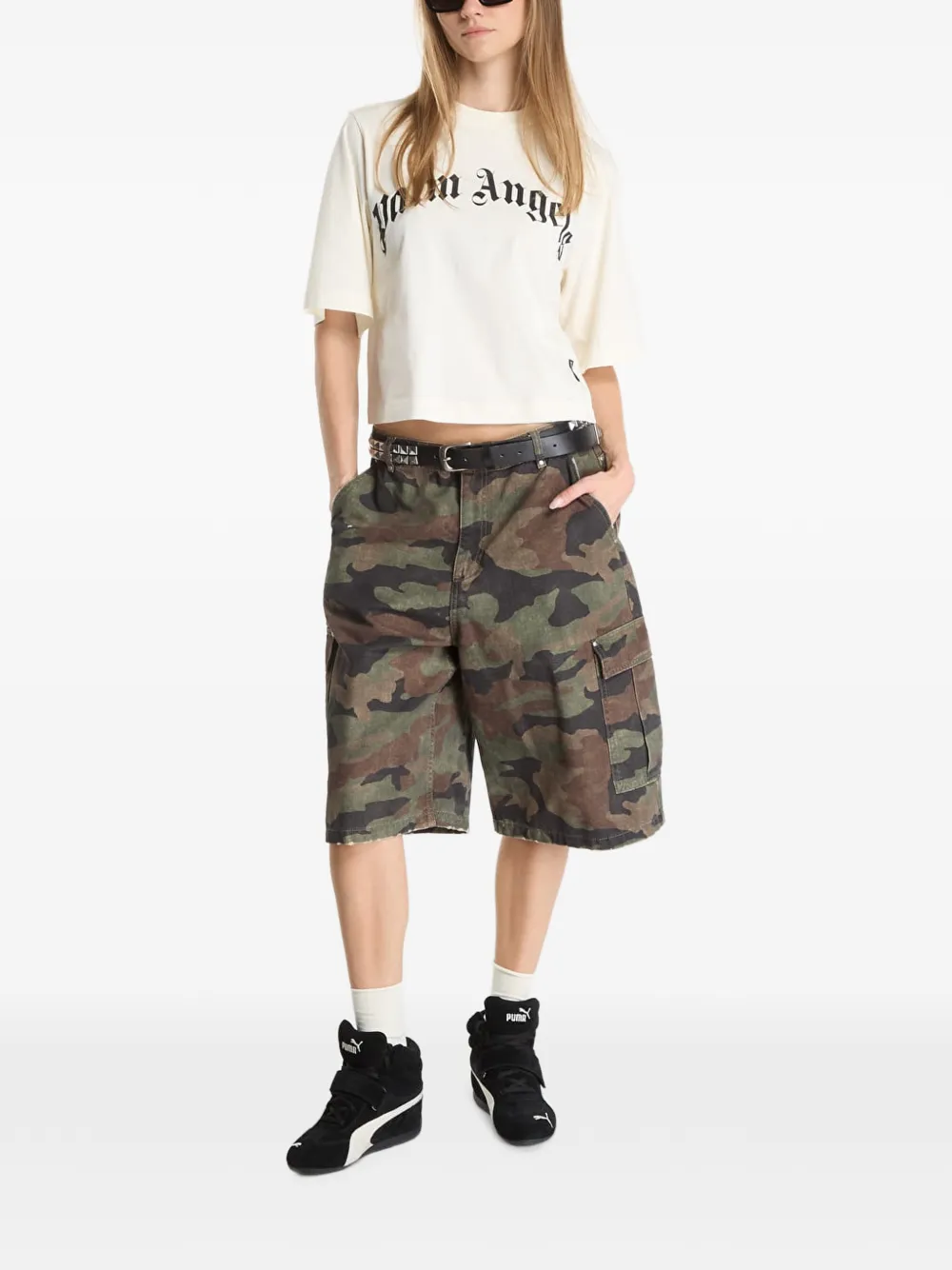 Palm Angels Boxy T-shirt met gewelfd logo Beige