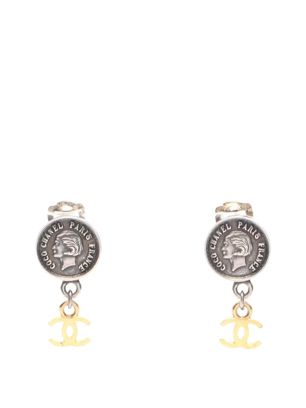 CHANEL Pre-Owned 1996 CC Stainless Steel and Gold Plated Coin Drop Clip On Earrings costume earrings - Oro