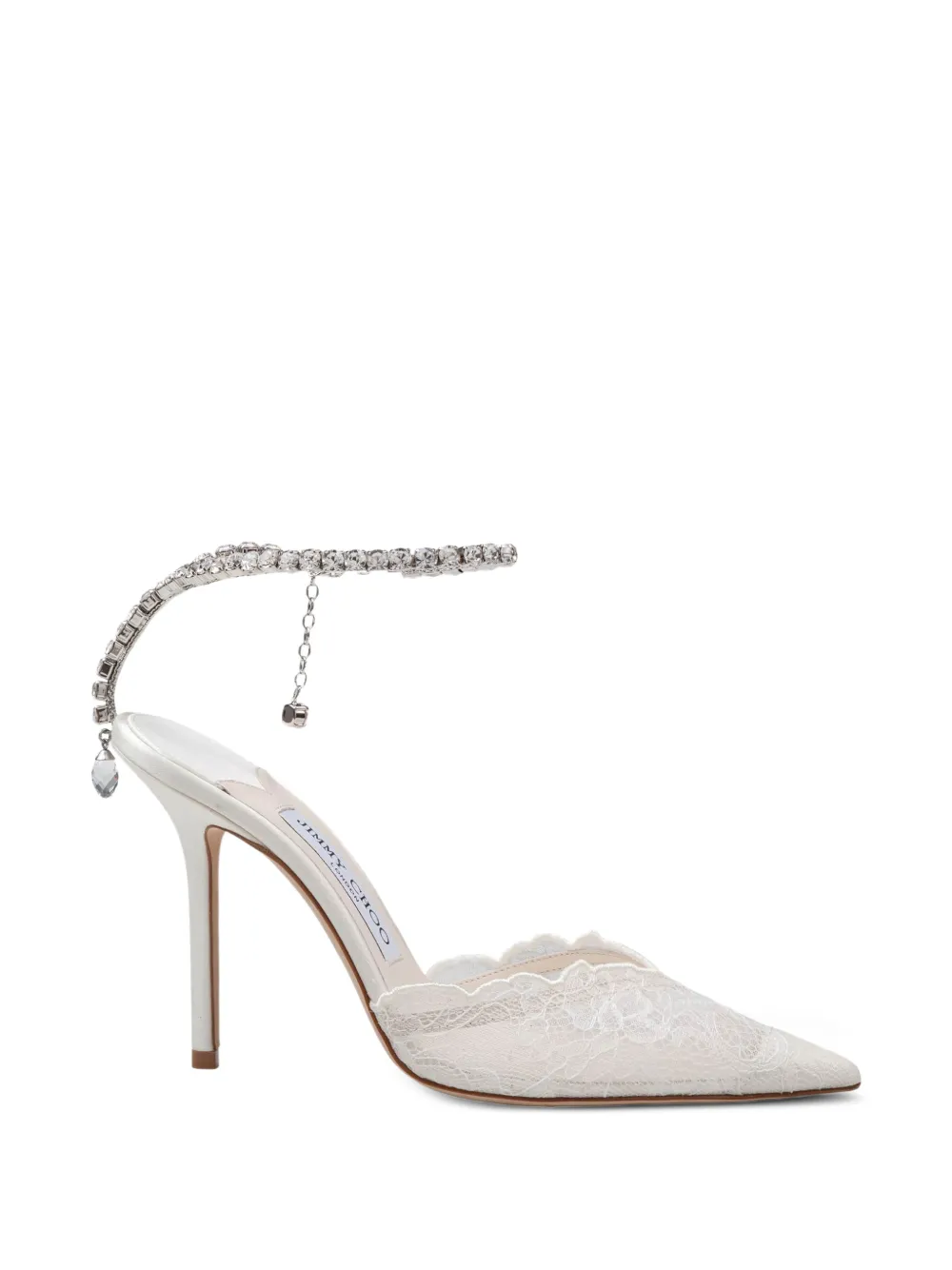 Jimmy Choo Saeda 100 ivory lace pumps with crystal chain anklet