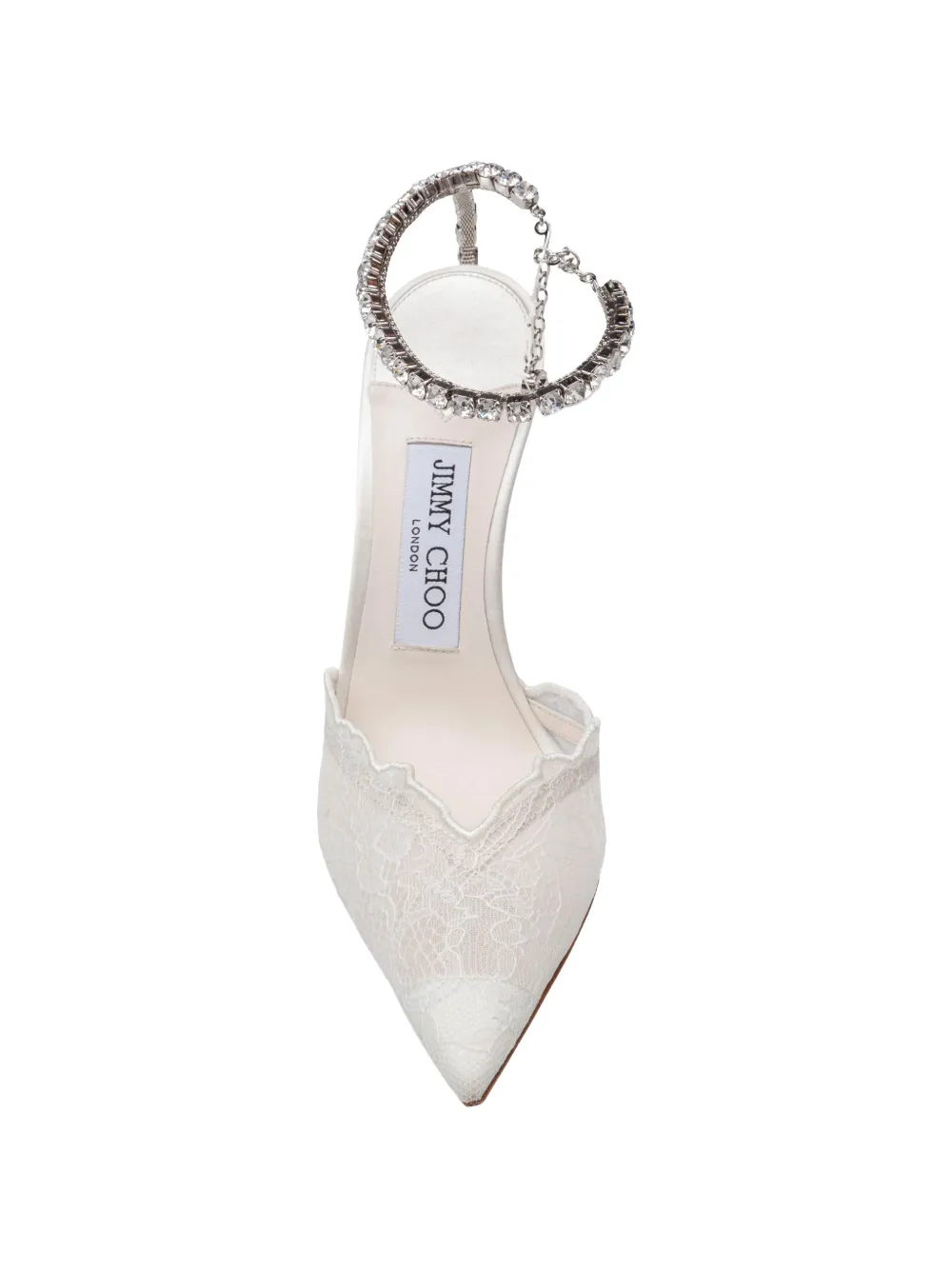 Jimmy Choo Saeda 100 ivory lace pumps with crystal chain anklet