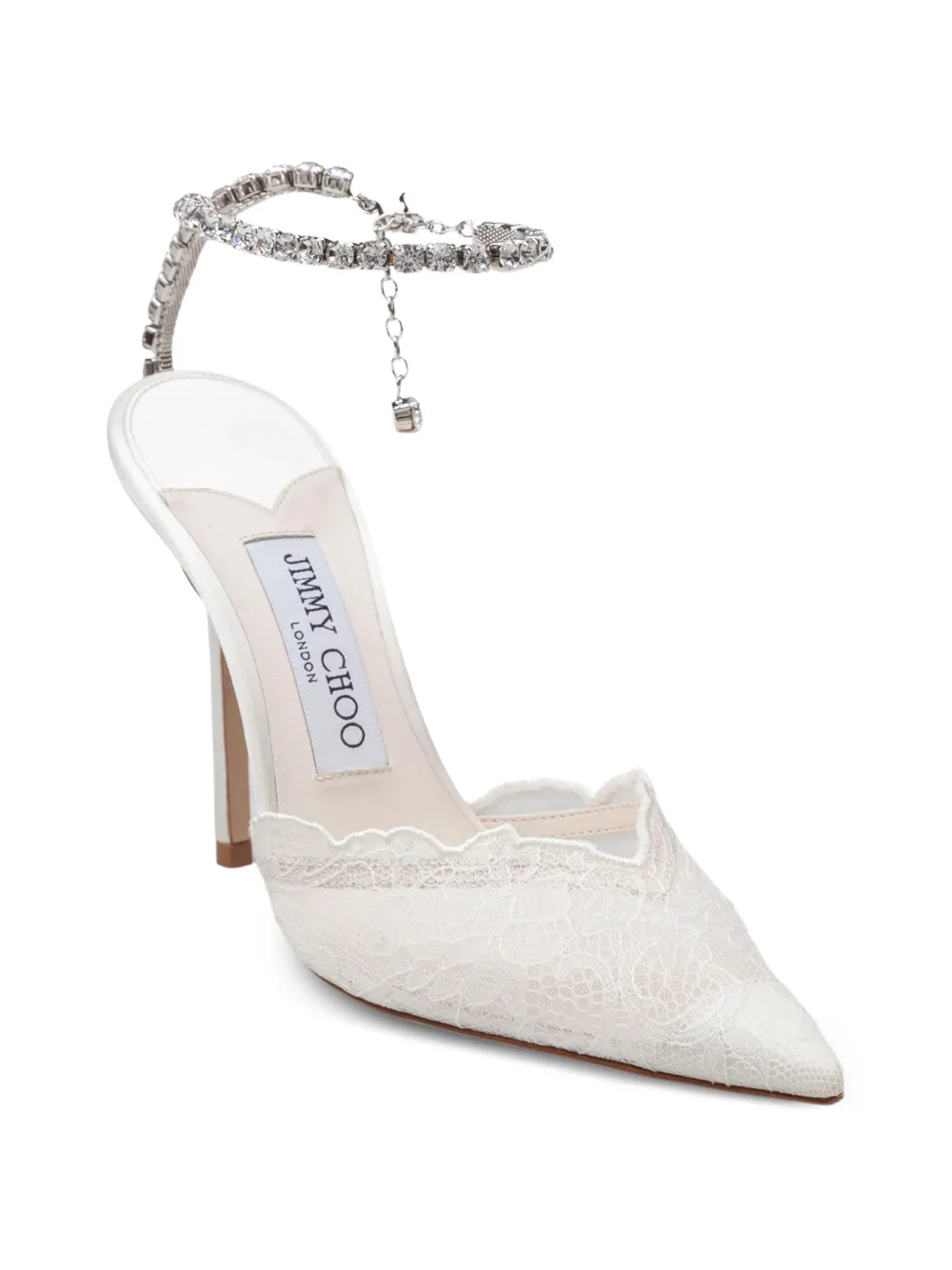 Jimmy Choo Saeda 100 ivory lace pumps with crystal chain anklet