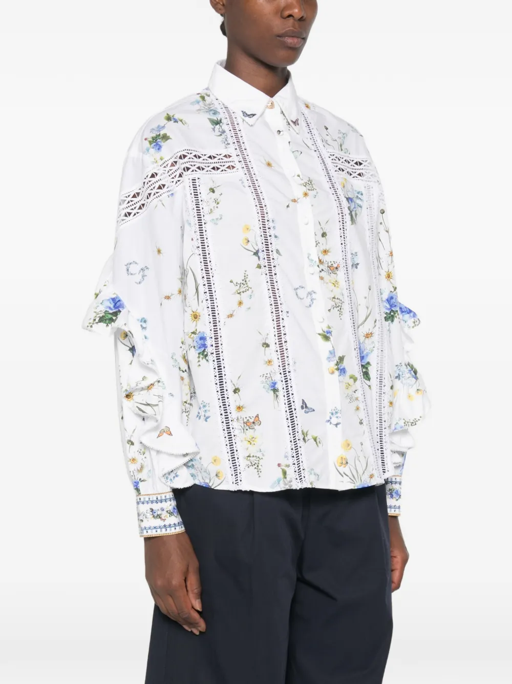 Camilla Blouse met bloemenprint en ruches Wit