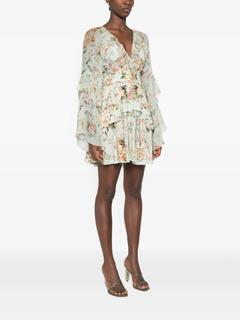 Camilla Mini-jurk met bloemenprint en ruches Groen