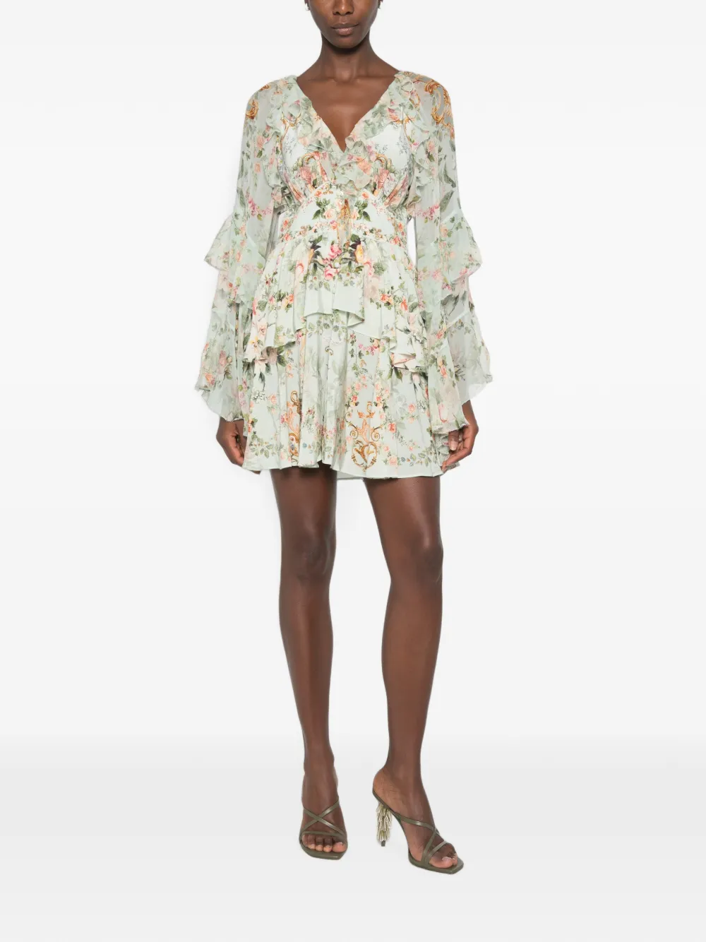 Camilla Mini-jurk met bloemenprint en ruches Groen