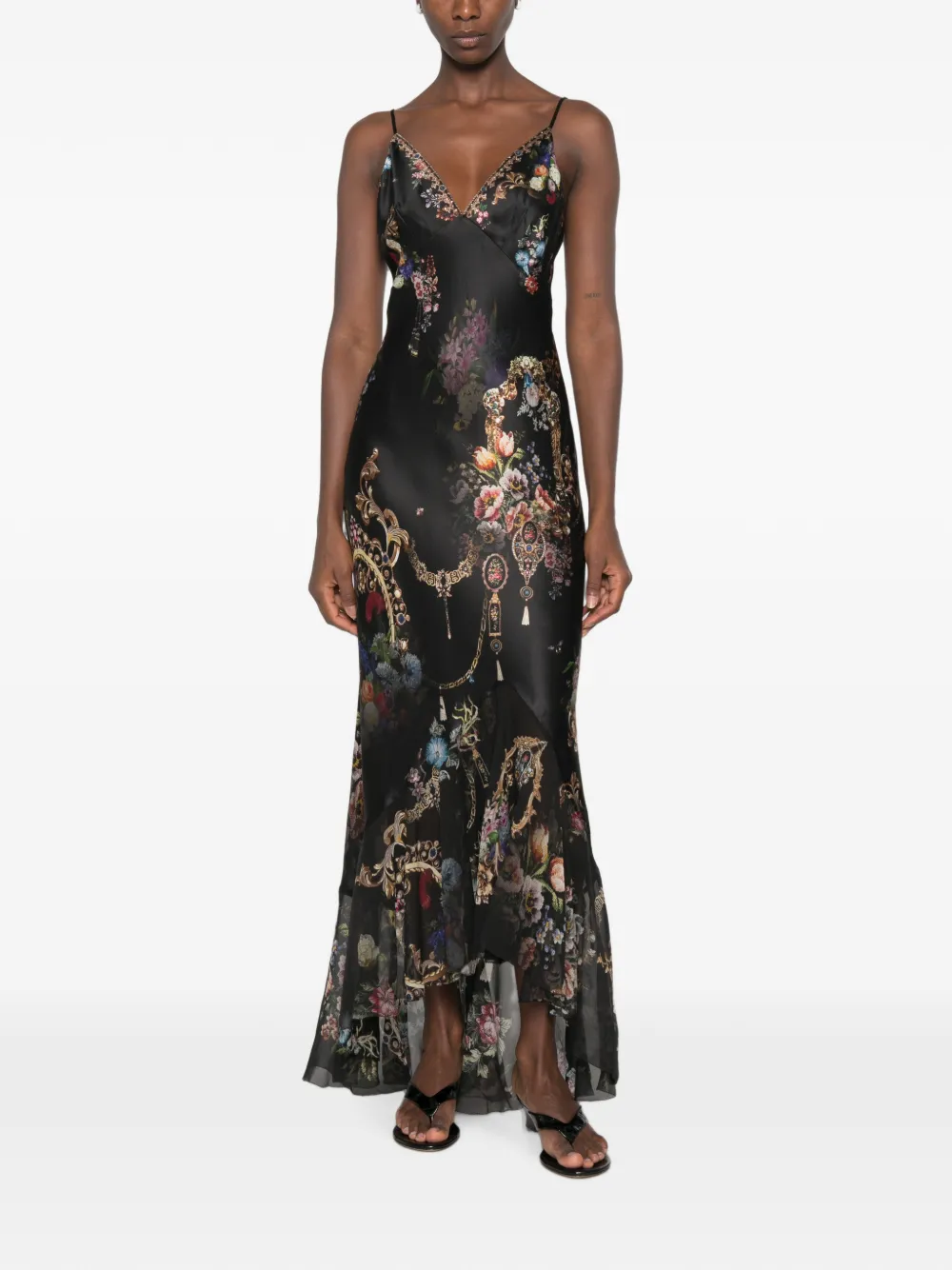 Camilla Asymmetrische jurk verfraaid met stras en bloemenprint Zwart