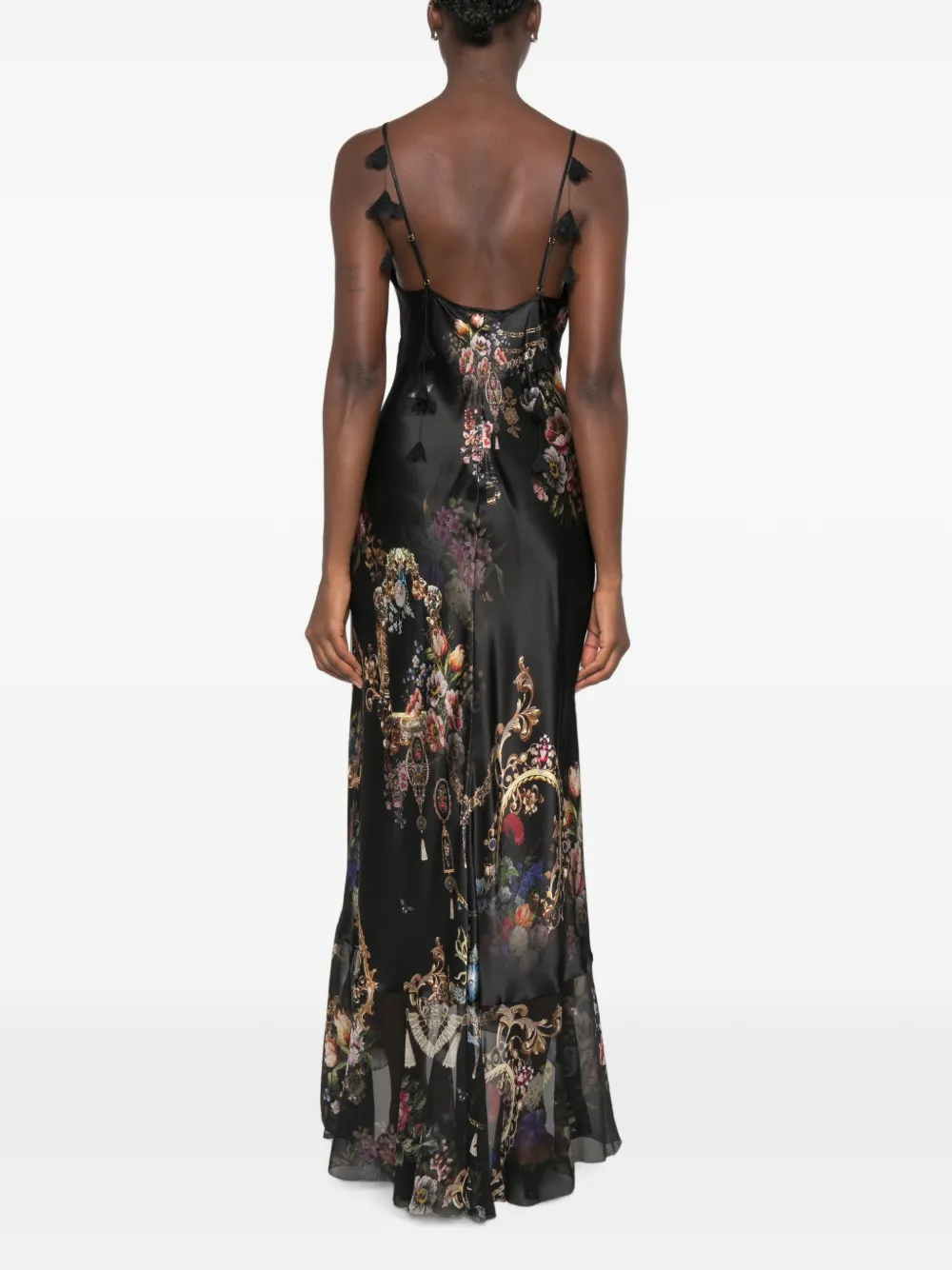 Camilla Asymmetrische jurk verfraaid met stras en bloemenprint Zwart