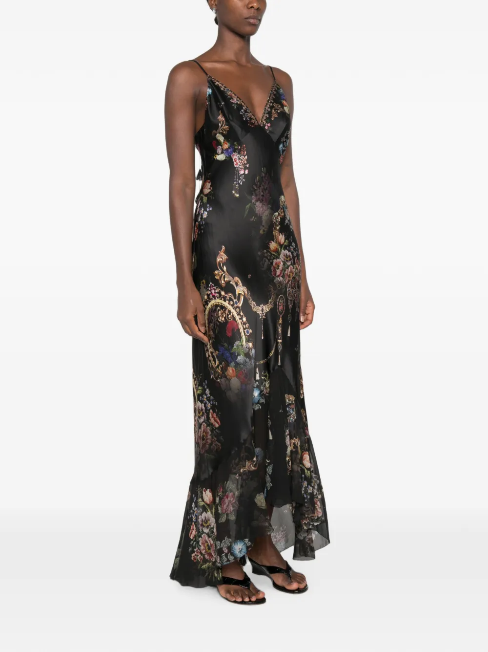 Camilla Asymmetrische jurk verfraaid met stras en bloemenprint Zwart