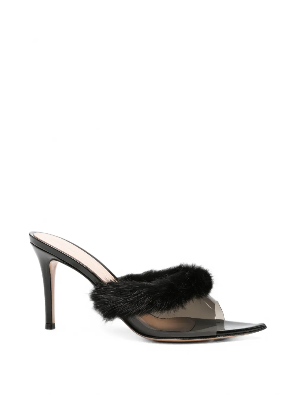 Gianvito Rossi Plexi feather-trim pointed-toe heeled sandals Zwart