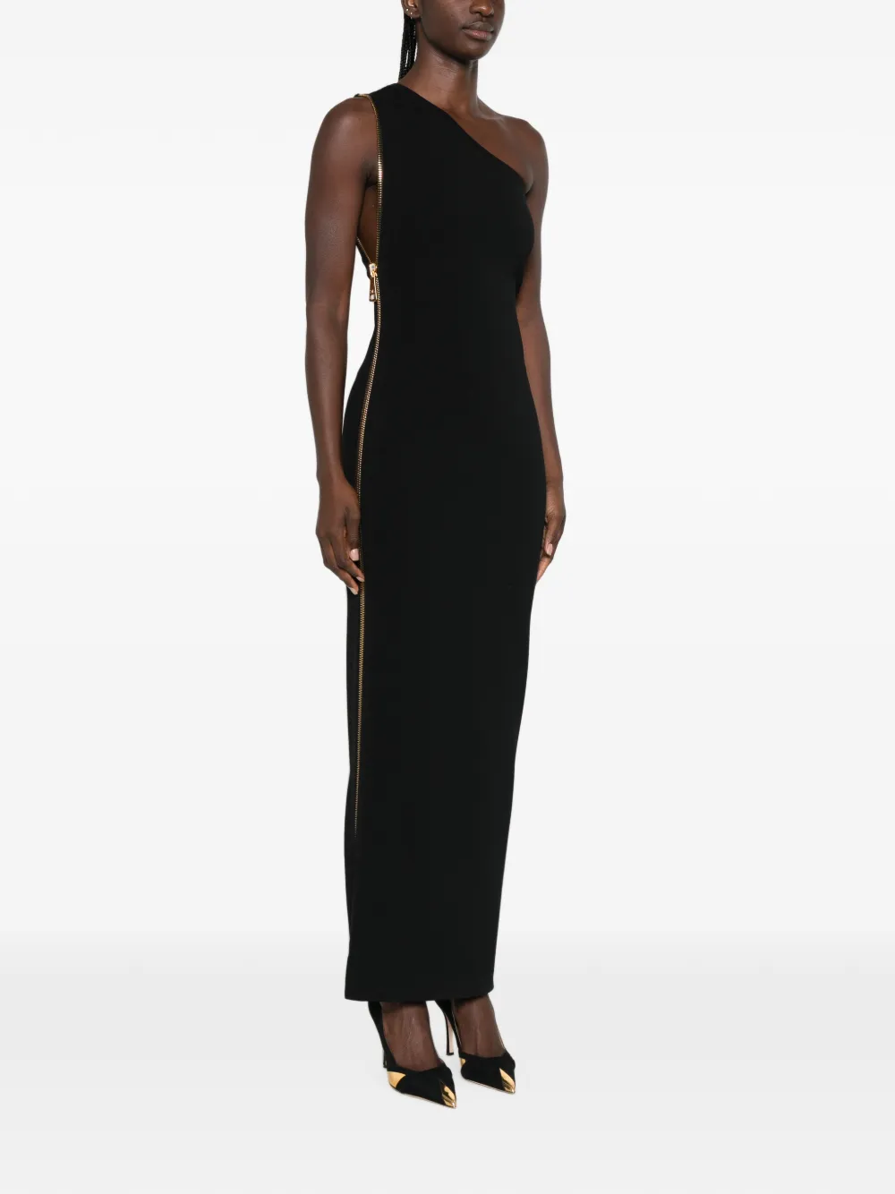Elisabetta Franchi Asymmetrische maxi-jurk met ritsdetail Zwart