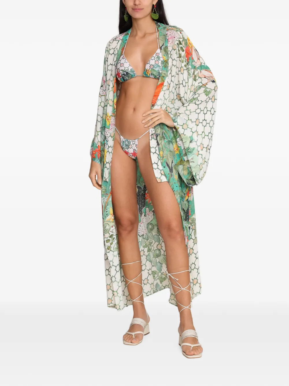 Amir Slama Stranddoek met bloemenprint en striksluiting Beige