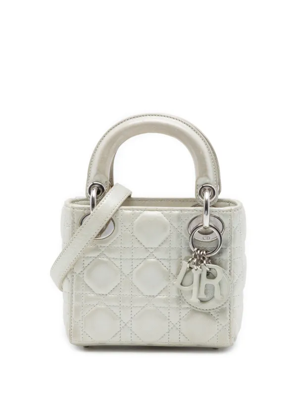 Dior Pre-owned 2016 Micro Iridescent Lambskin Cannage Lady Dior Satchel in Silver