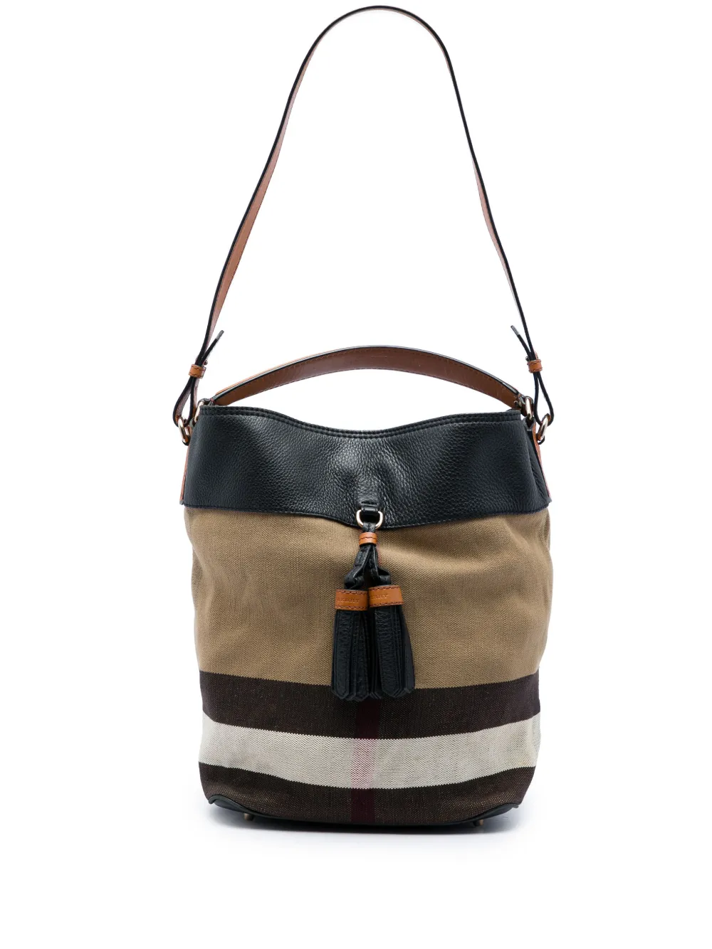 Burberry Pre-Owned 2000-2017 Medium Mega Check Canvas and Grained Calfskin Ashby Tassel Bucket Bag satchel - Marrone