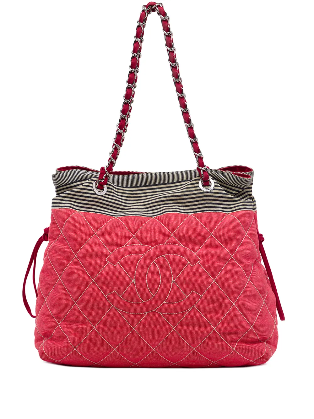 CHANEL Pre-Owned 2009-2010 CC Quilted Denim Grosgrain Drawstring tote bag - Rosso