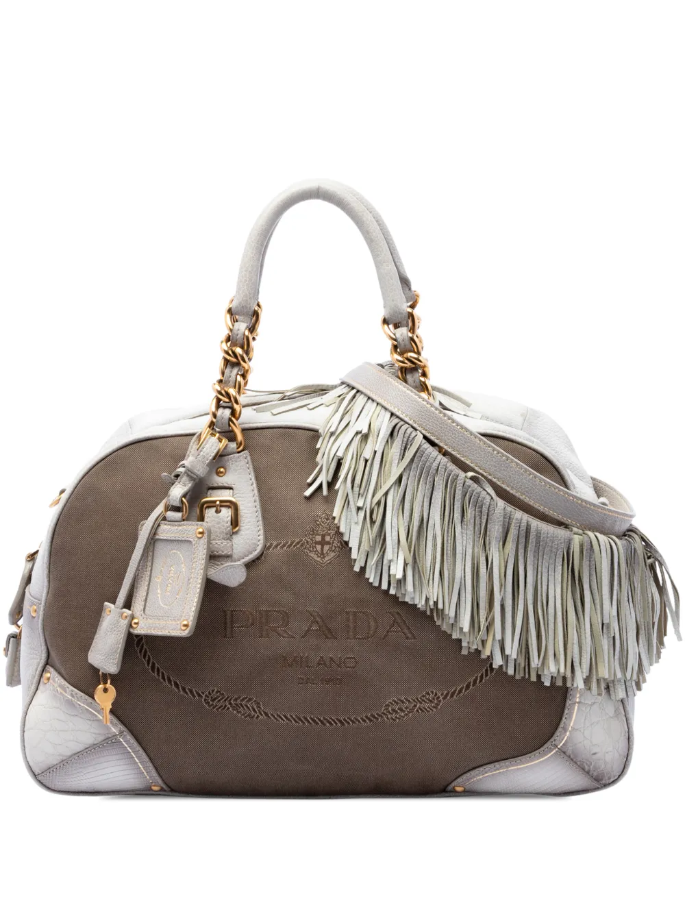 Prada Pre-Owned 2013-2026 Leather Trimmed Canvas Canapa Logo Fringe Bauletto Bag satchel - Braun