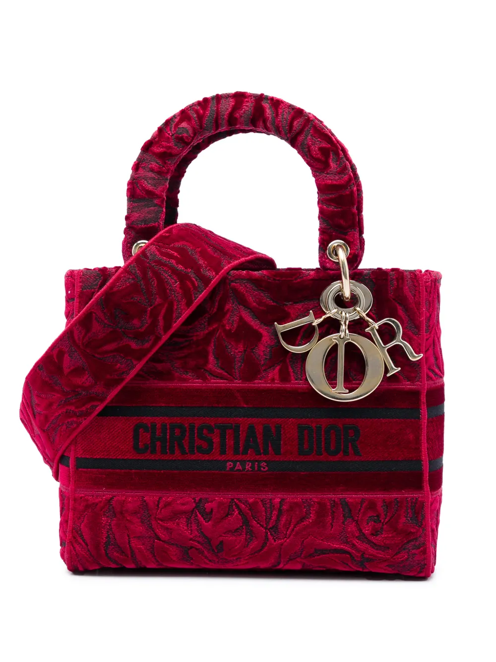 Christian Dior Pre-Owned 2021 Medium Embroidered Velvet Roses Lady D Lite satchel - Rosso