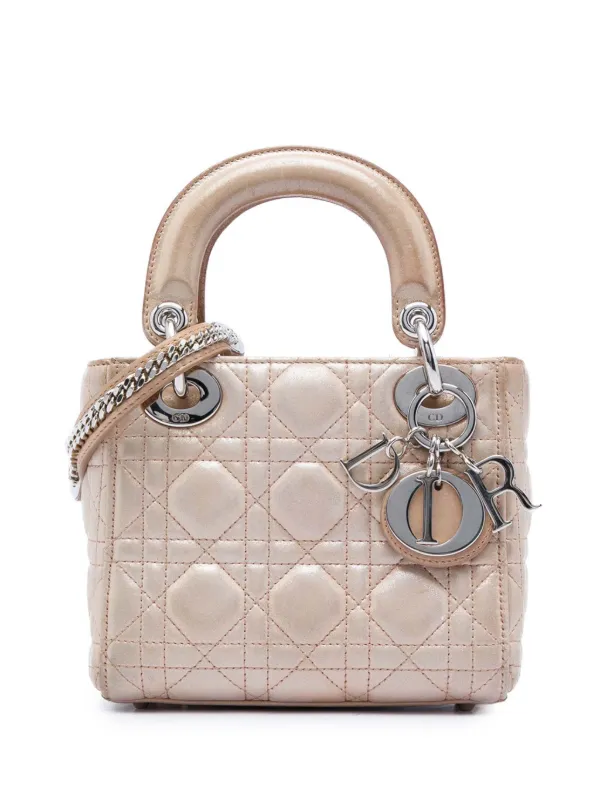 Dior Pre-owned 2015 Mini Iridescent Lambskin Cannage Lady Dior Satchel in Pink