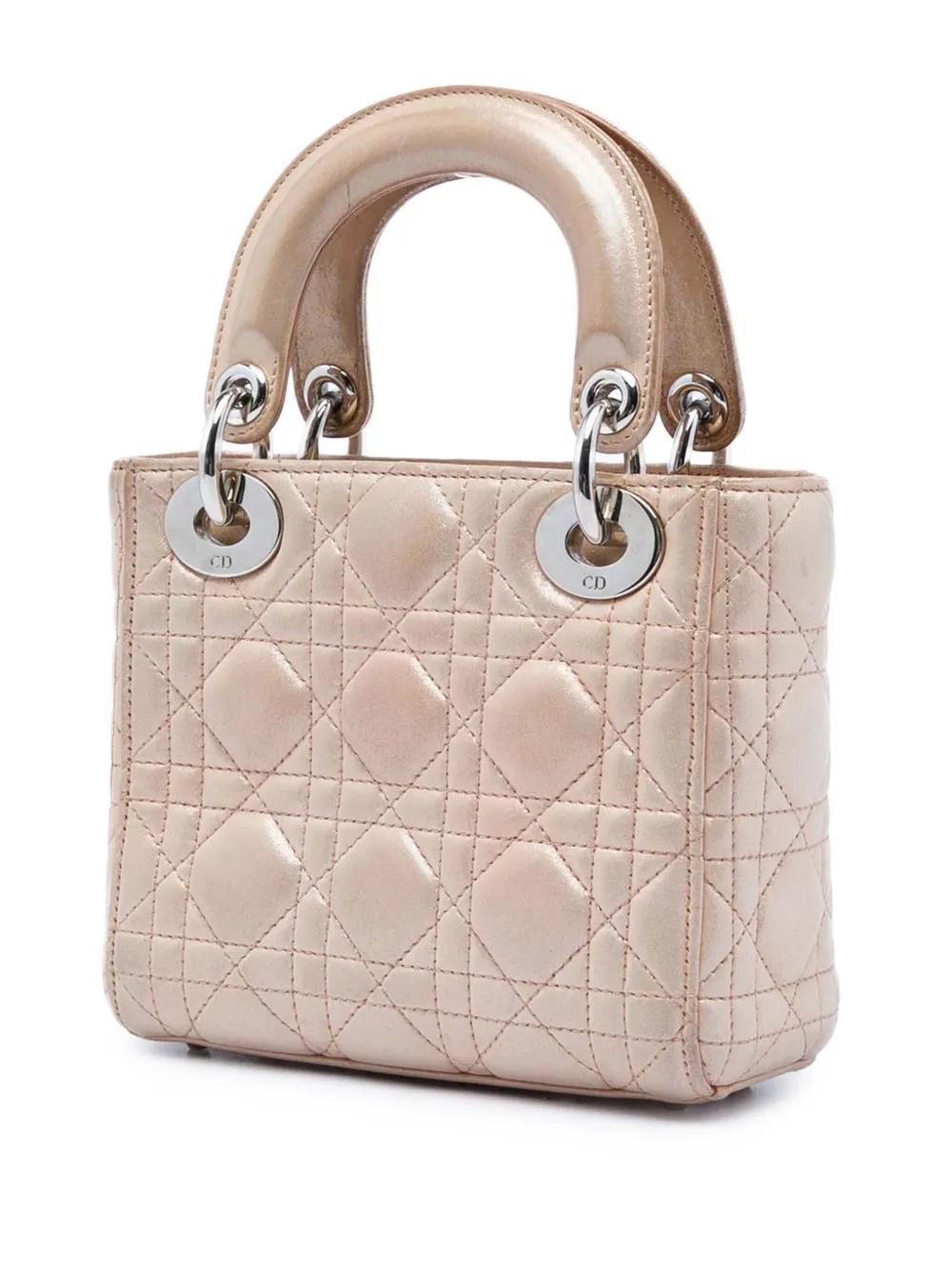 Dior Pre-owned 2015 Mini Iridescent Lambskin Cannage Lady Dior Satchel in Pink, view 3