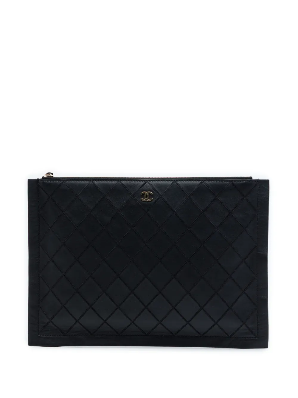 CHANEL Pre-Owned 2016-2017 Large Quilted Stitched Calfskin Zip Pouch clutch bag - Nero