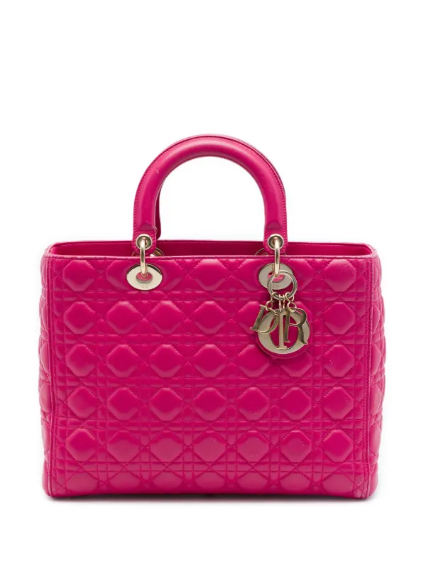 Dior Pre-owned 2015 Large Lambskin Cannage Lady Dior Satchel in Pink