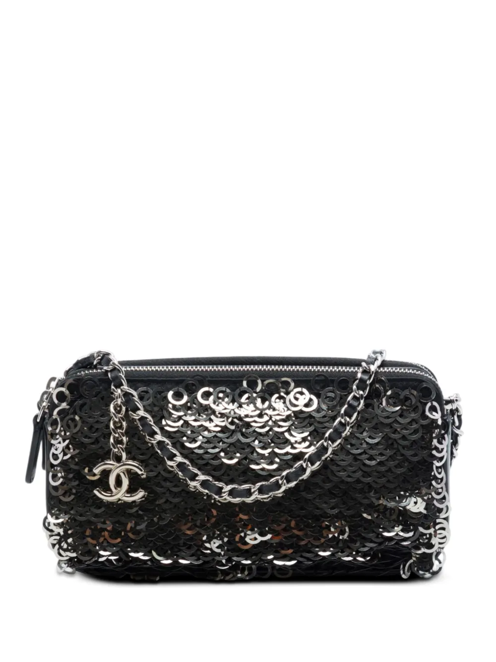 CHANEL Pre-Owned 2019 CC Calfskin and Sequin Double Zip Wallet on Chain crossbody bag - Nero