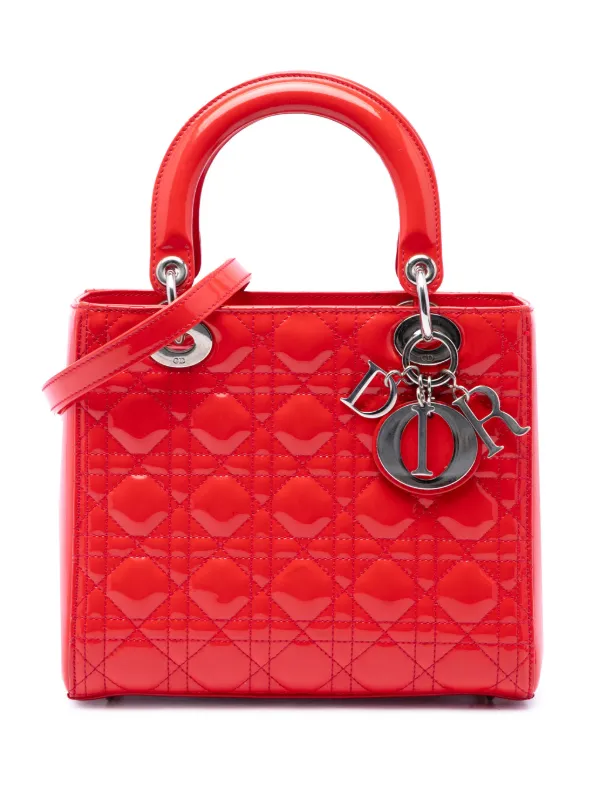 Dior Pre-owned 2012 Medium Patent Cannage Lady Dior Satchel in Red