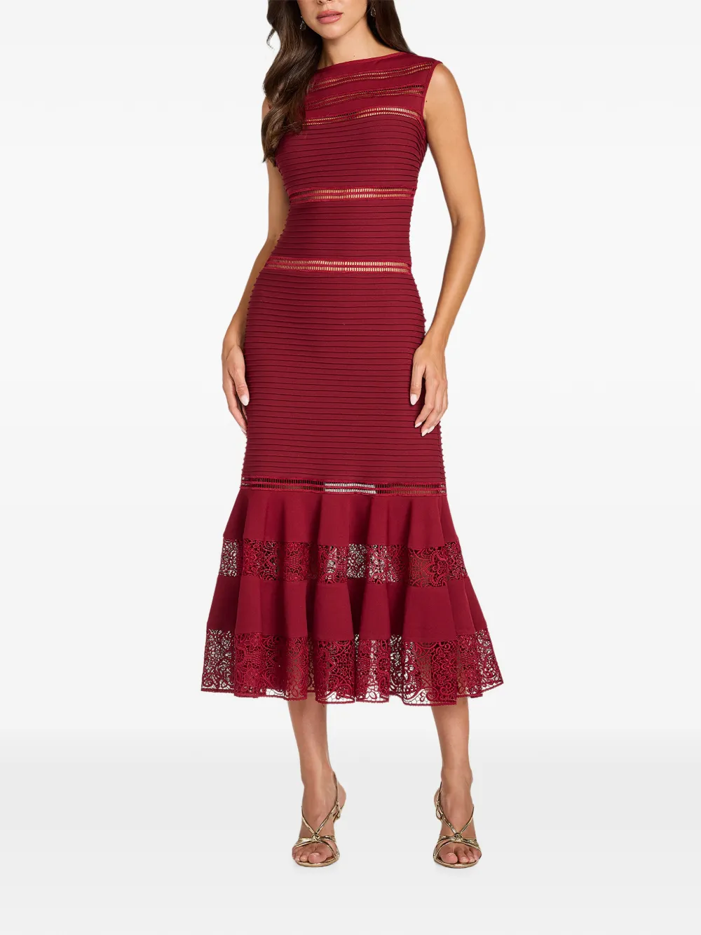Tadashi Shoji Fiora lace-panelled pintuck-detail midi dress