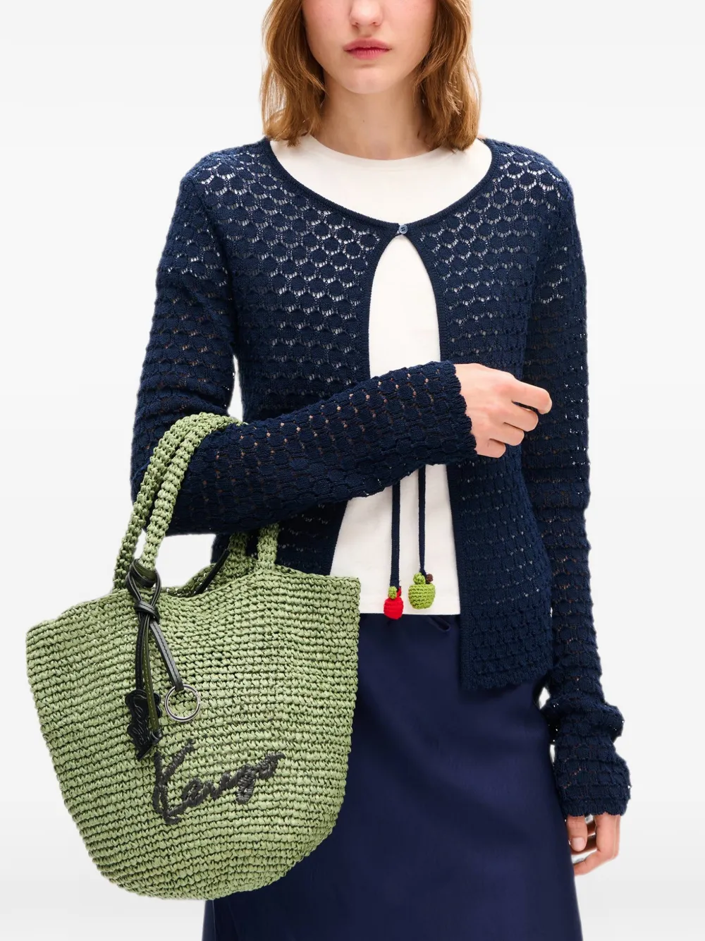Kenzo Basket kleine raffia shopper met borduurwerk Groen