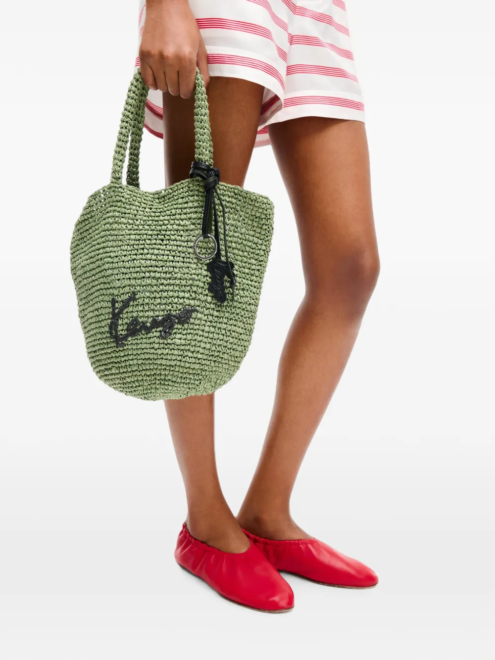 Kenzo Basket kleine raffia shopper met borduurwerk Groen